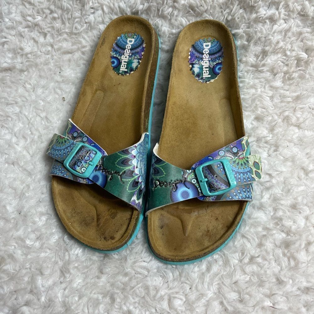 Desigual Blue,Purple &.Green Floral Strap Slip On Cork Sandals Size 9